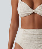 Adjustable Straps Twisted Ruched Tummy Control Jacquard Bikini Set — Bone White — view 4