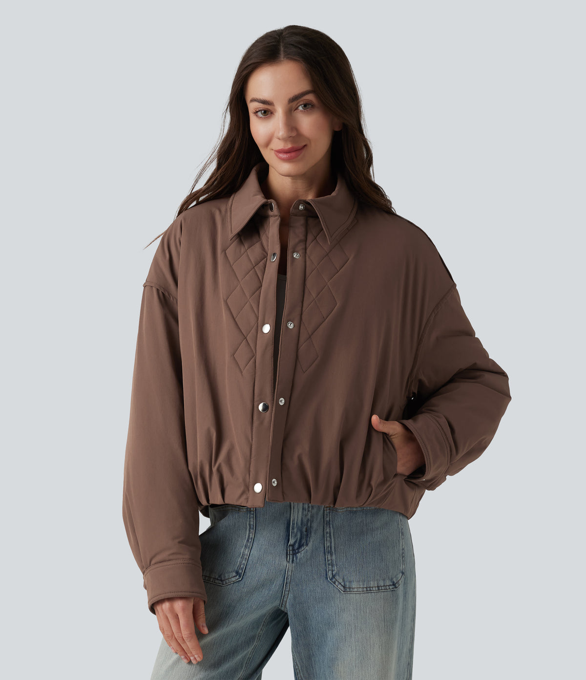 Long Sleeve Casual Padded Jacket with Pockets — Acorn — view 1