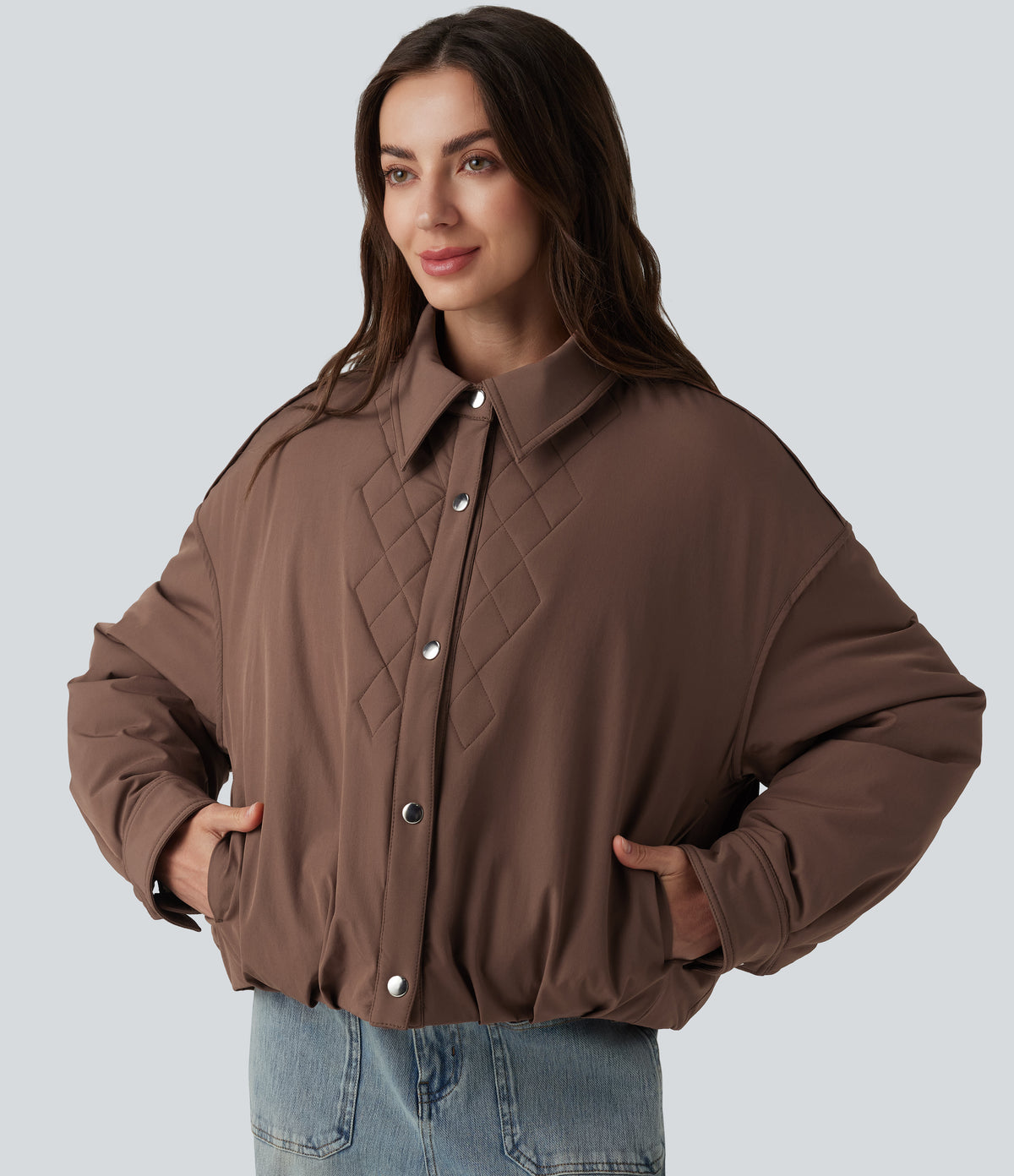 Long Sleeve Casual Padded Jacket with Pockets — Acorn — view 4