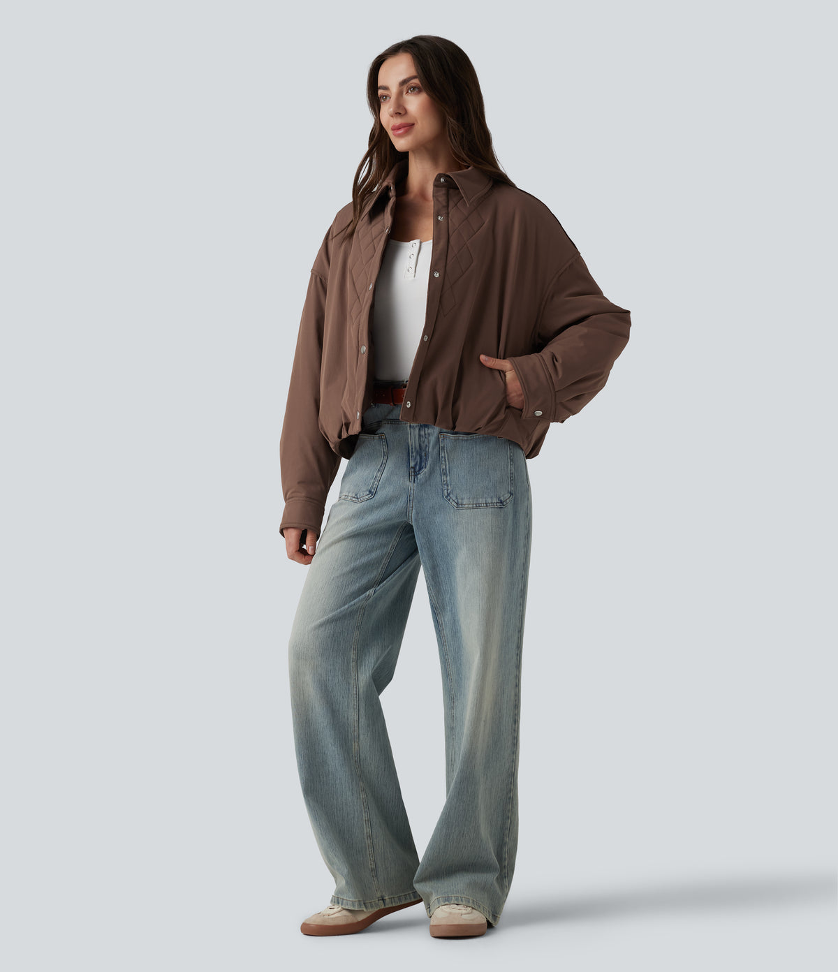 Long Sleeve Casual Padded Jacket with Pockets — Acorn — view 8