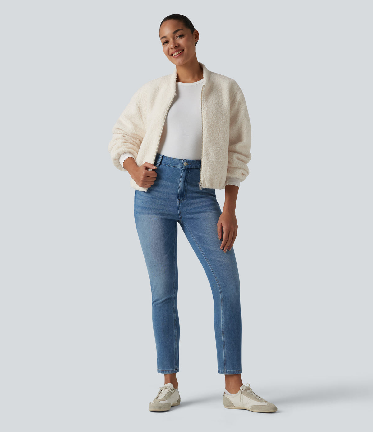 Zip Fly Casual Sherpa Jacket with Pockets — Turtledove — view 7