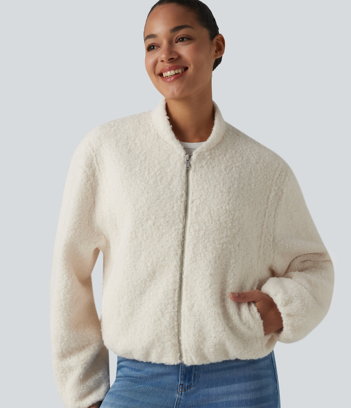 Zip Fly Casual Sherpa Jacket with Pockets — Turtledove — view 5