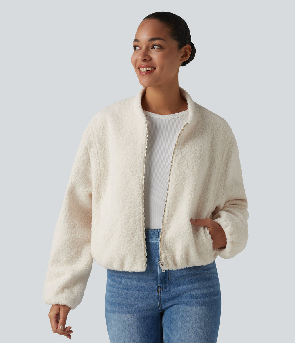 Zip Fly Casual Sherpa Jacket with Pockets — Turtledove — view 3