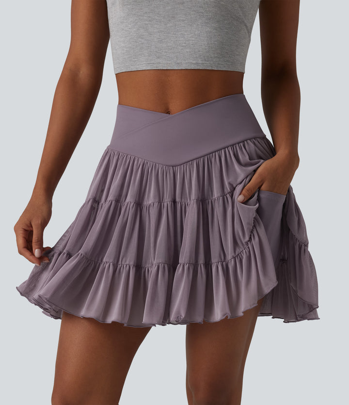 High Waisted Crossover Flowy 2-in-1 Mini Tennis Skirt with Pockets-Longer Length — Lilac Blush — view 1