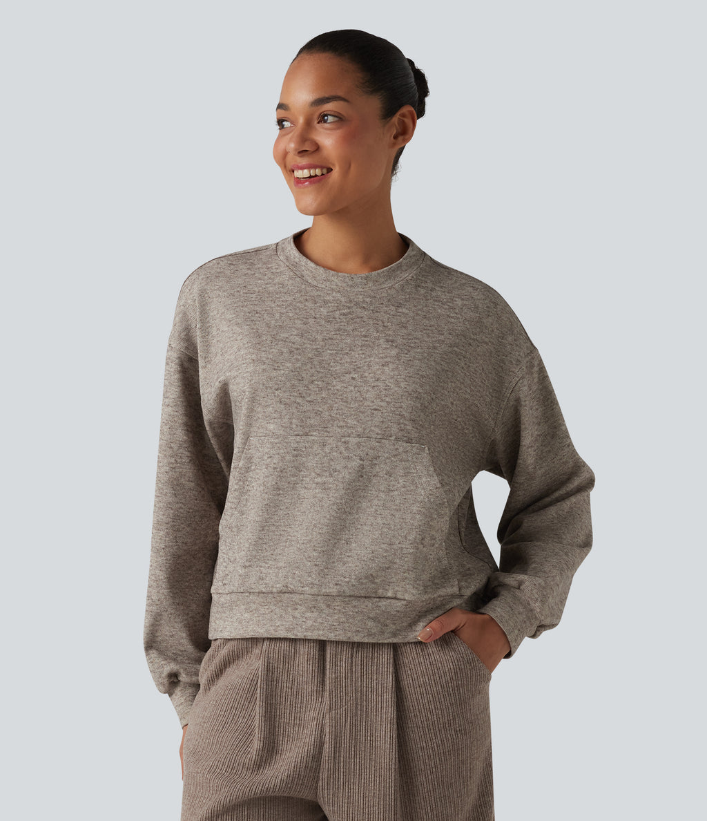 Round Neck Long Sleeve Heathered Lounge Top with Pocket — Brown Flower Gray — view 3