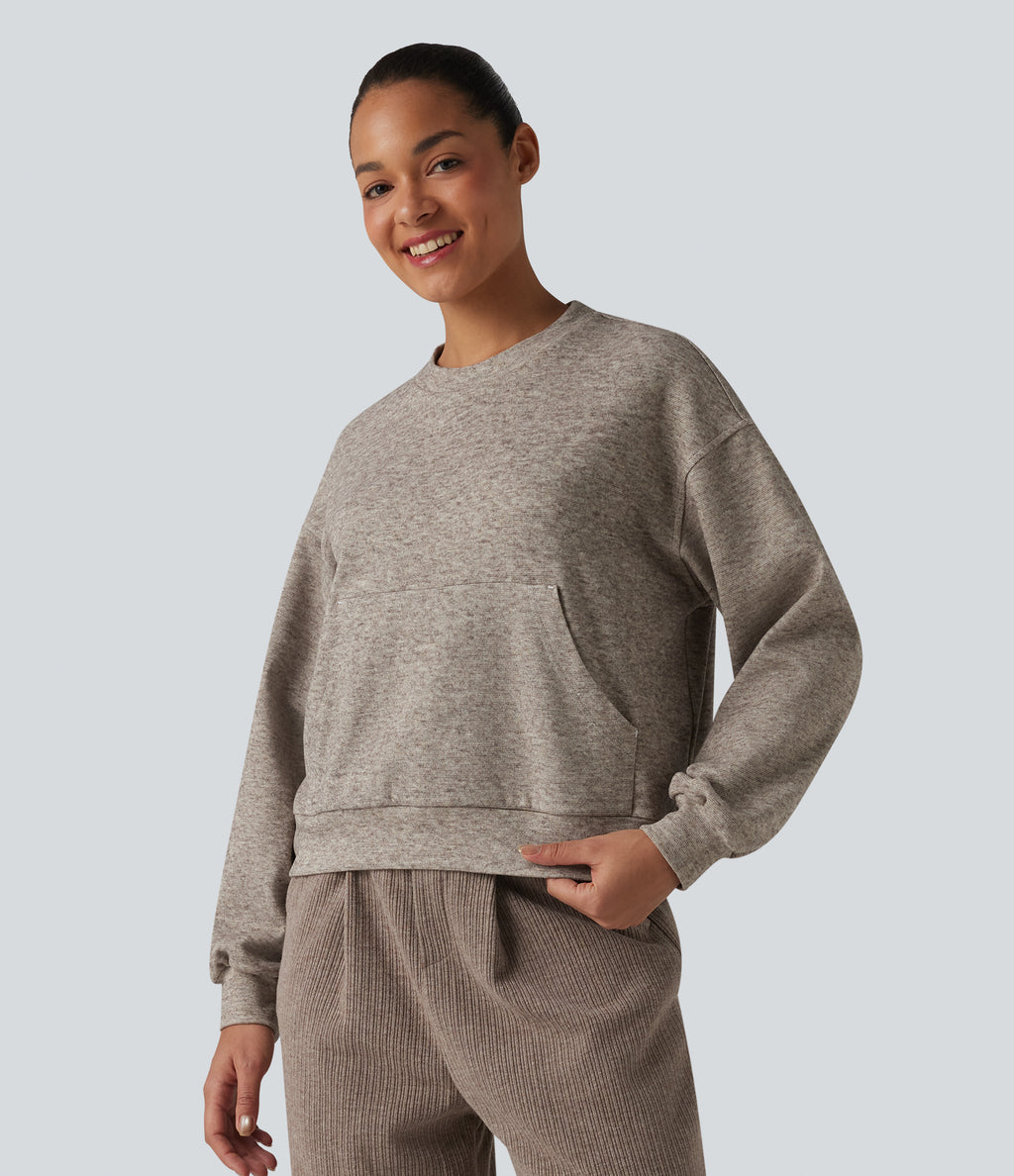 Round Neck Long Sleeve Heathered Lounge Top with Pocket — Brown Flower Gray — view 4