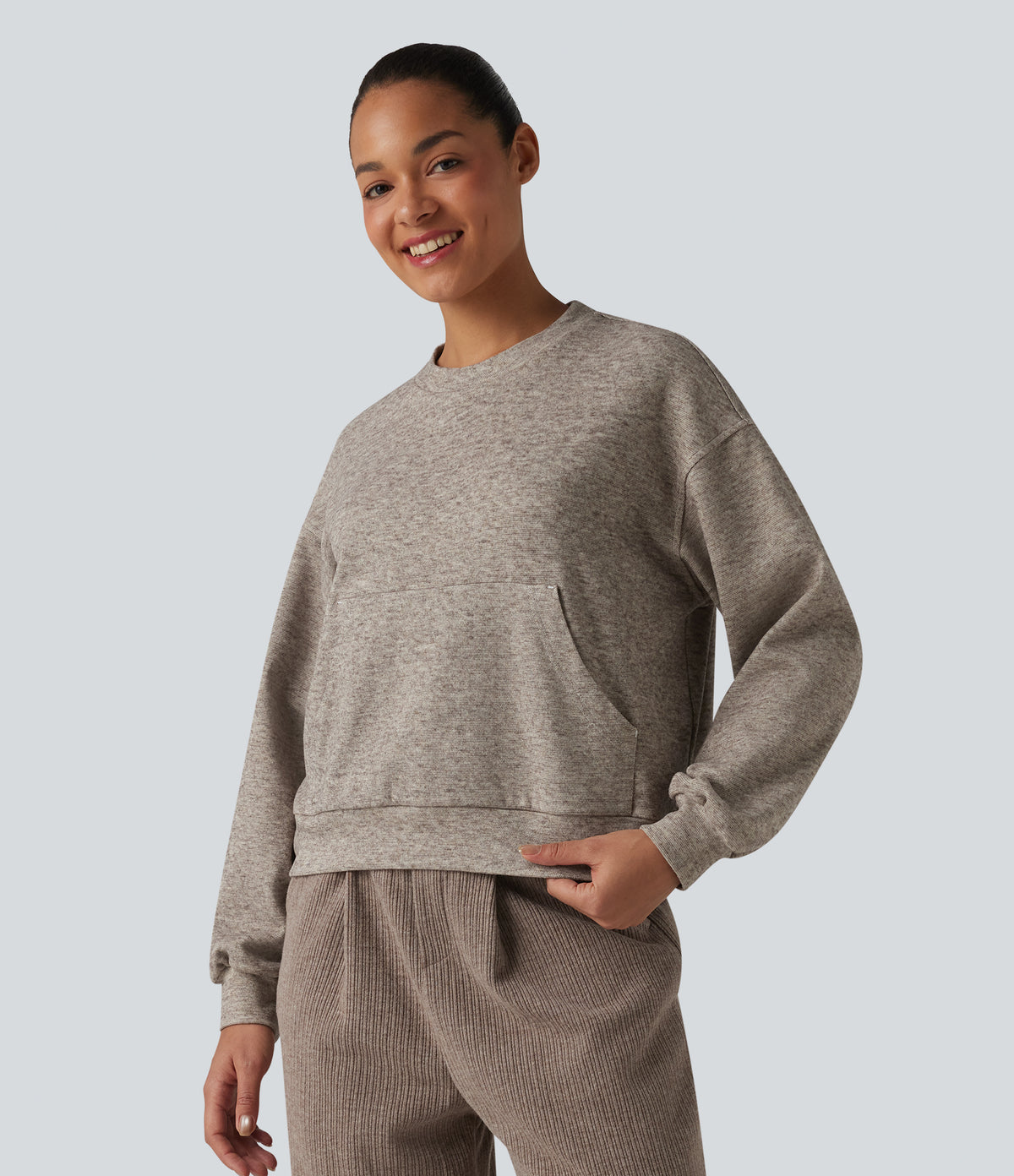 Round Neck Long Sleeve Heathered Lounge Top with Pocket — Brown Flower Gray — view 4