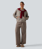Round Neck Long Sleeve Heathered Lounge Top with Pocket — Brown Flower Gray — view 5
