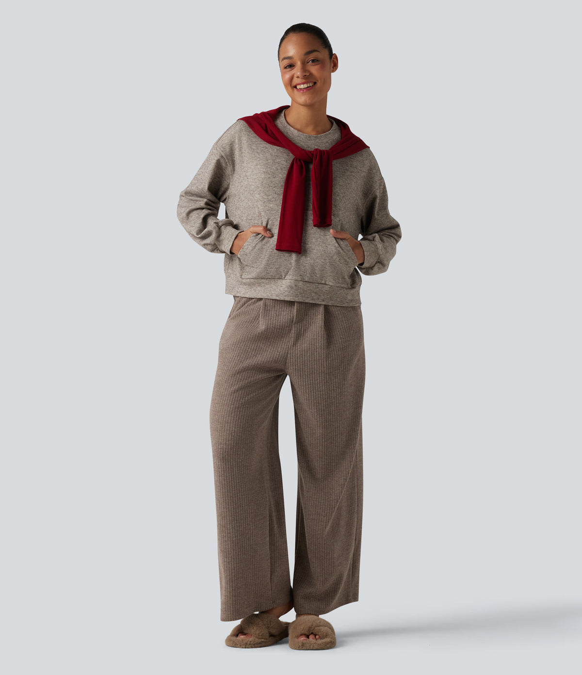 Round Neck Long Sleeve Heathered Lounge Top with Pocket — Brown Flower Gray — view 5