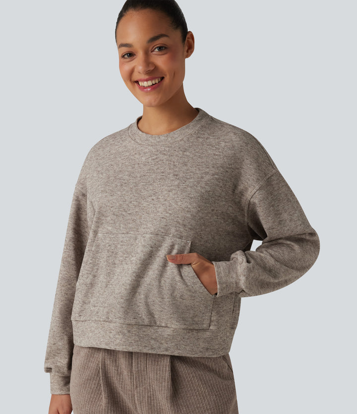 Round Neck Long Sleeve Heathered Lounge Top with Pocket — Brown Flower Gray — view 1