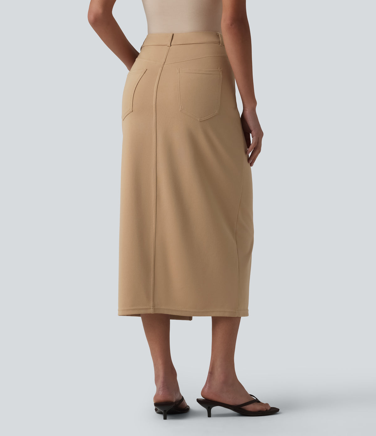 Asymmetric Mid Rise Split Midi Work Pencil Skirt with Pockets — Tan — view 2