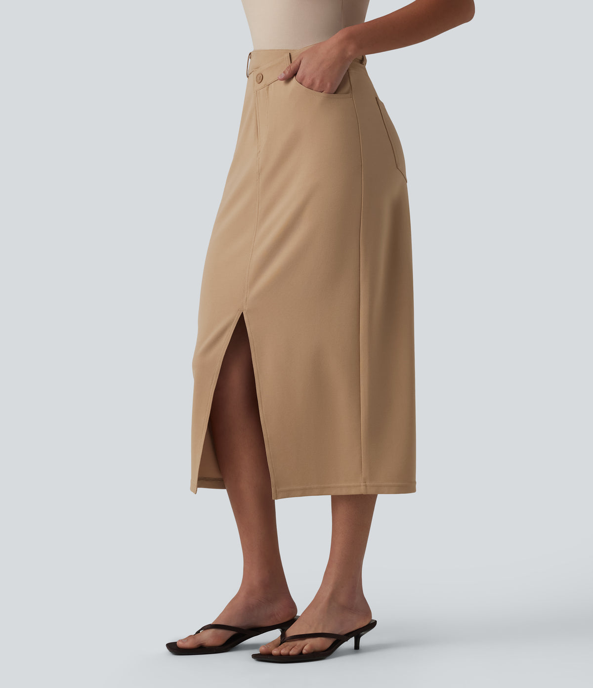 Asymmetric Mid Rise Split Midi Work Pencil Skirt with Pockets — Tan — view 3