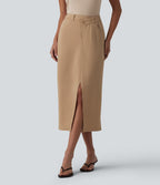 Asymmetric Mid Rise Split Midi Work Pencil Skirt with Pockets — Tan — view 1