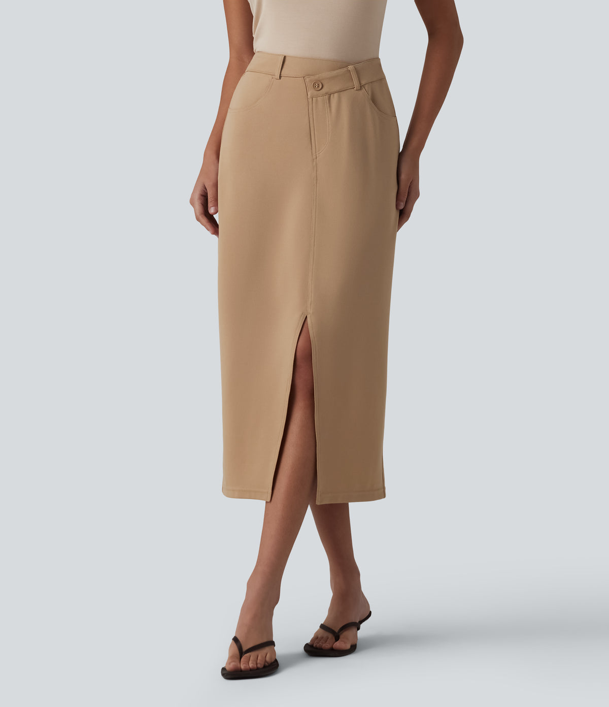 Asymmetric Mid Rise Split Midi Work Pencil Skirt with Pockets — Tan — view 1
