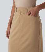 Asymmetric Mid Rise Split Midi Work Pencil Skirt with Pockets — Tan — view 4