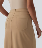 Asymmetric Mid Rise Split Midi Work Pencil Skirt with Pockets — Tan — view 5