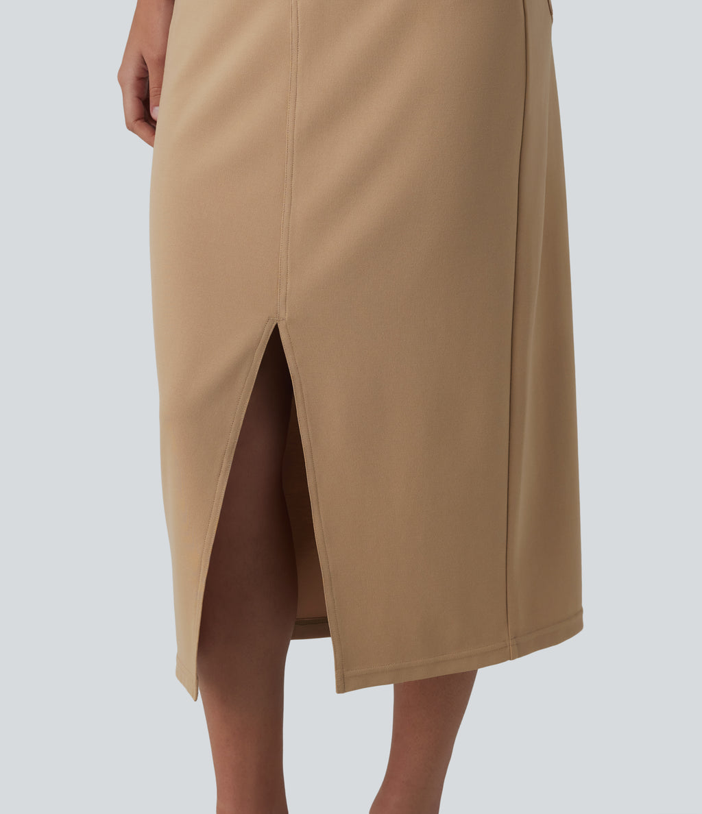 Asymmetric Mid Rise Split Midi Work Pencil Skirt with Pockets — Tan — view 6