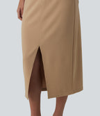 Asymmetric Mid Rise Split Midi Work Pencil Skirt with Pockets — Tan — view 6