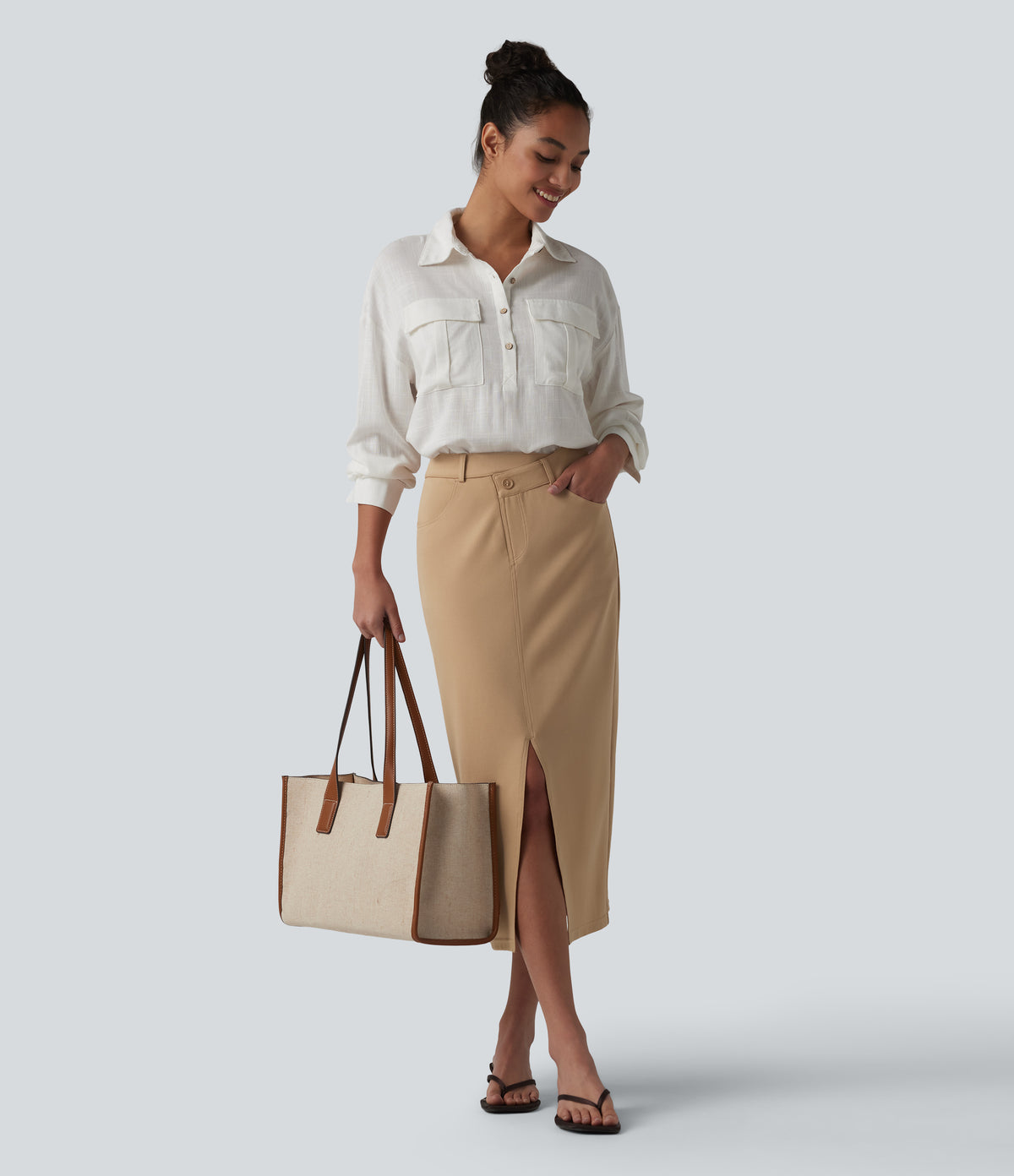 Asymmetric Mid Rise Split Midi Work Pencil Skirt with Pockets — Tan — view 7