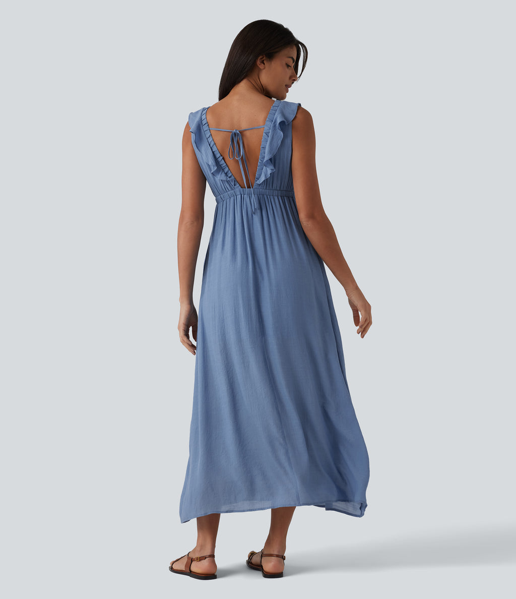 Backless Tie-back Ruffle Trim V-neck Sleeveless Midi Resort Flowy Dress with Pockets — Colony Blue — view 2