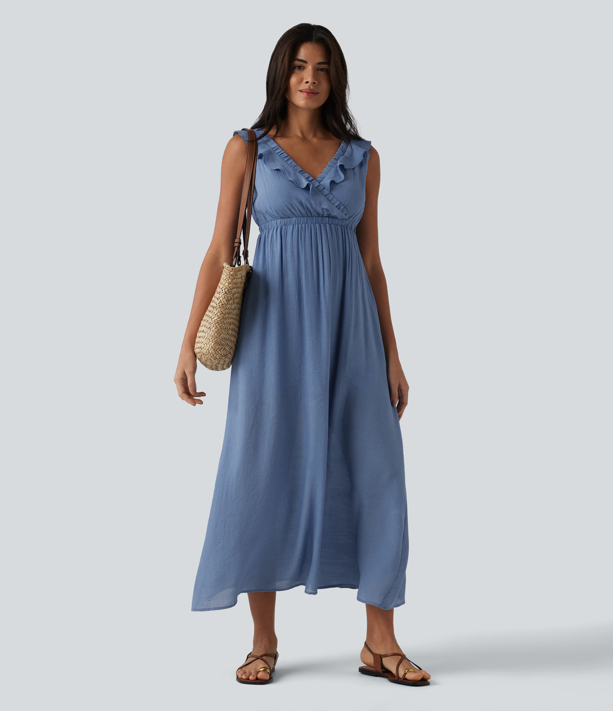 Backless Tie-back Ruffle Trim V-neck Sleeveless Midi Resort Flowy Dress with Pockets — Colony Blue — view 6