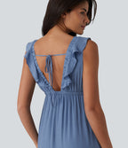 Backless Tie-back Ruffle Trim V-neck Sleeveless Midi Resort Flowy Dress with Pockets — Colony Blue — view 5