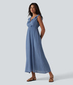 Backless Tie-back Ruffle Trim V-neck Sleeveless Midi Resort Flowy Dress with Pockets — Colony Blue — view 3