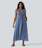 Backless Tie-back Ruffle Trim V-neck Sleeveless Midi Resort Flowy Dress with Pockets — Colony Blue — view 1