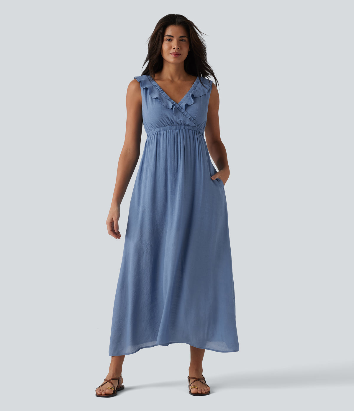 Backless Tie-back Ruffle Trim V-neck Sleeveless Midi Resort Flowy Dress with Pockets — Colony Blue — view 1