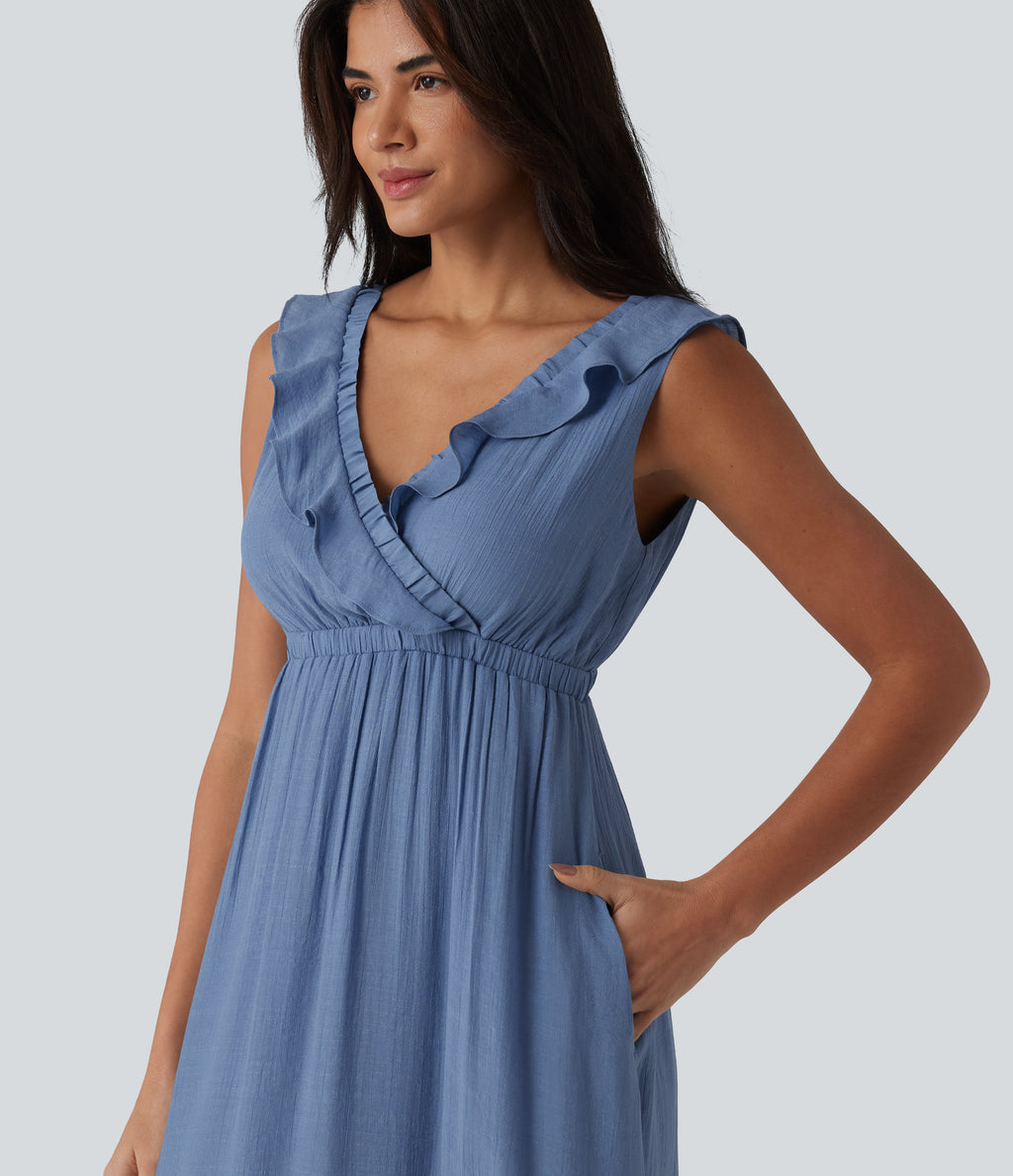 Backless Tie-back Ruffle Trim V-neck Sleeveless Midi Resort Flowy Dress with Pockets — Colony Blue — view 4