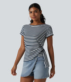 Round Neck Short Sleeve Asymmetric Hem Stripe Casual Top — Blue White Horizontal Stripe — view 4