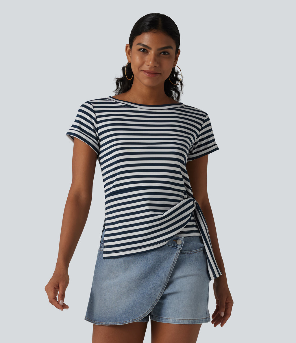 Round Neck Short Sleeve Asymmetric Hem Stripe Casual Top — Blue White Horizontal Stripe — view 3