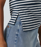 Round Neck Short Sleeve Asymmetric Hem Stripe Casual Top — Blue White Horizontal Stripe — view 5