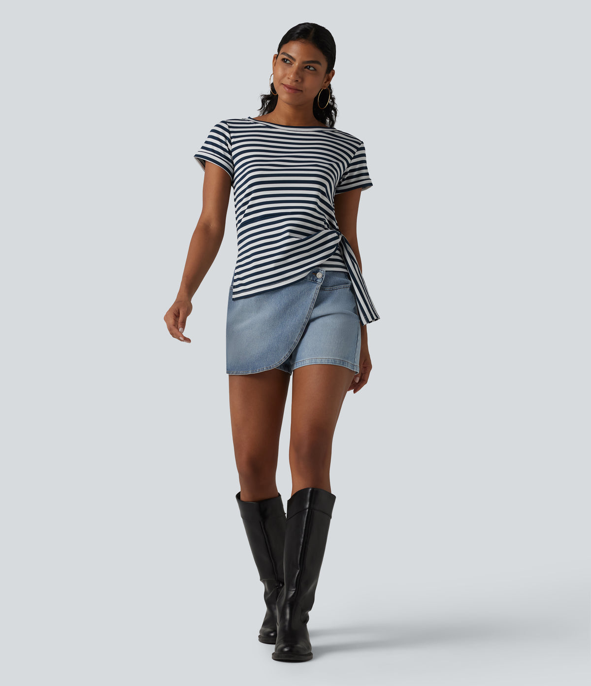 Round Neck Short Sleeve Asymmetric Hem Stripe Casual Top — Blue White Horizontal Stripe — view 6