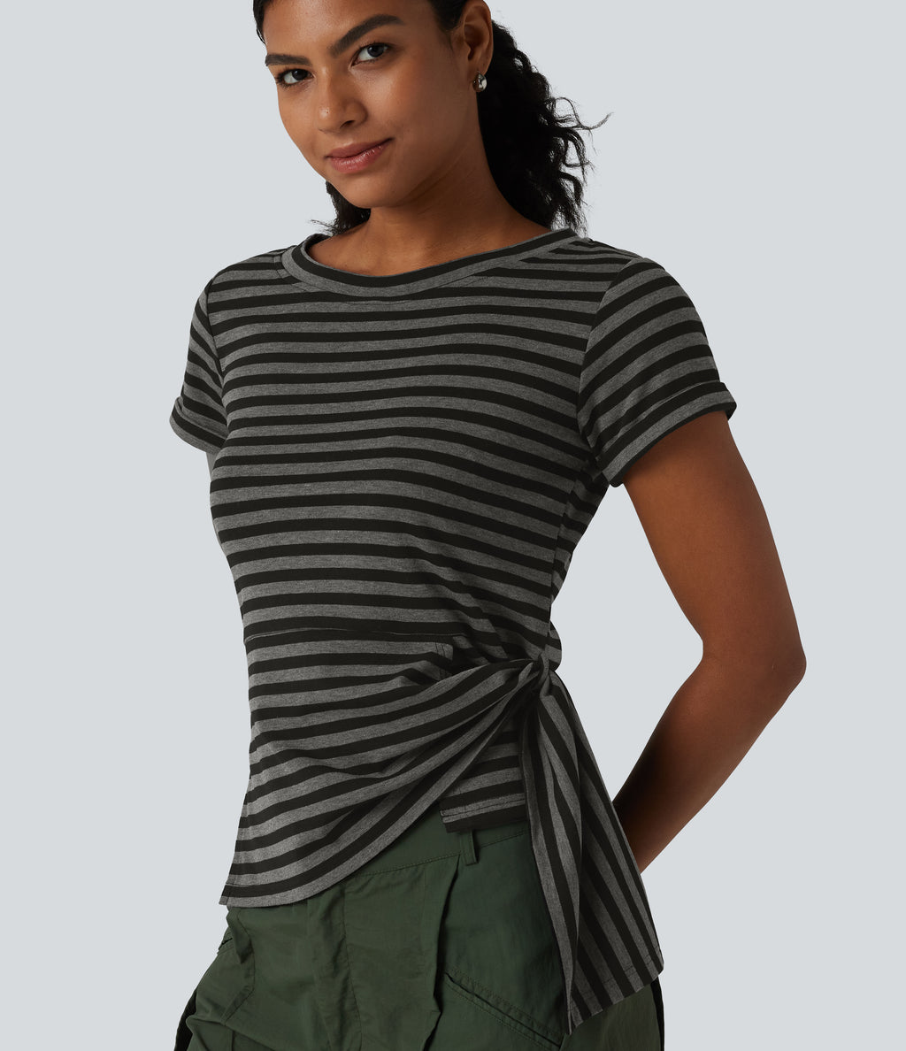 Round Neck Short Sleeve Asymmetric Hem Stripe Casual Top — Charcoal Ash Stripe — view 7