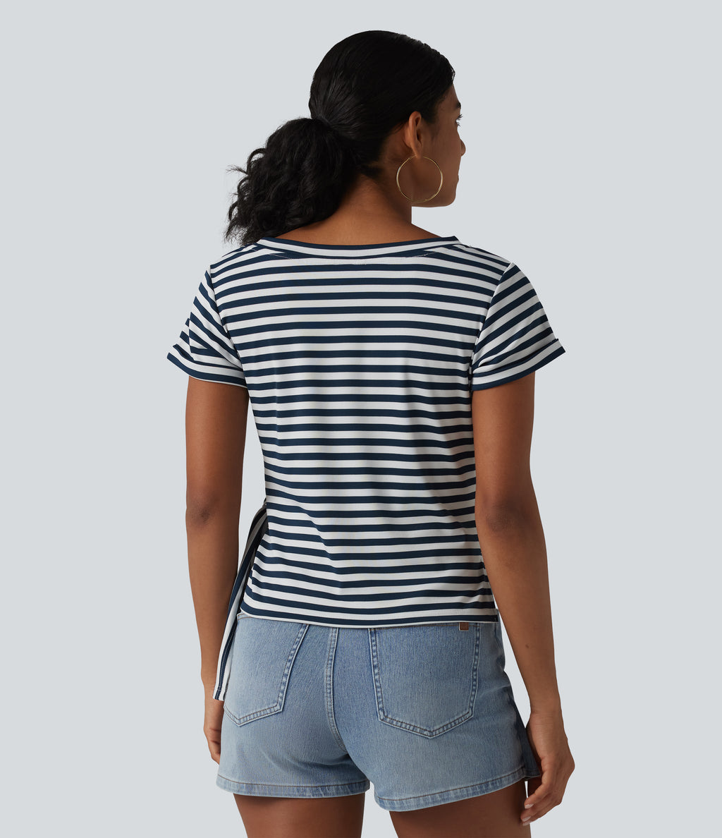 Round Neck Short Sleeve Asymmetric Hem Stripe Casual Top — Blue White Horizontal Stripe — view 2