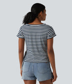 Round Neck Short Sleeve Asymmetric Hem Stripe Casual Top — Blue White Horizontal Stripe — view 2
