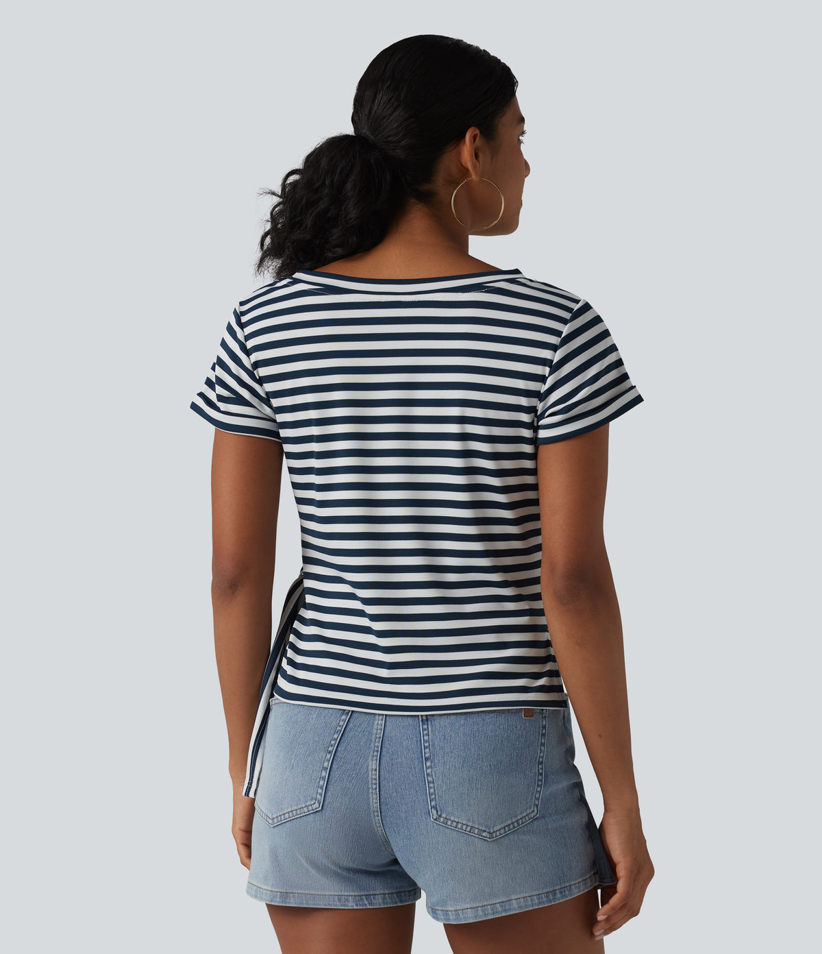 Round Neck Short Sleeve Asymmetric Hem Stripe Casual Top — Blue White Horizontal Stripe — view 2