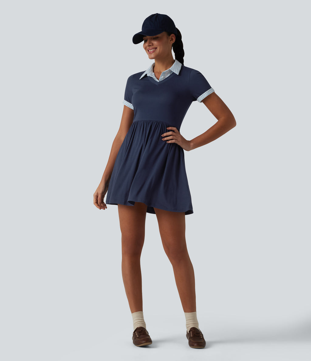 Ribbed Collar Short Sleeve Contrast Plaid A-line Mini Casual Dress — Nightfall Blue — view 5