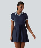 Ribbed Collar Short Sleeve Contrast Plaid A-line Mini Casual Dress — Nightfall Blue — view 1