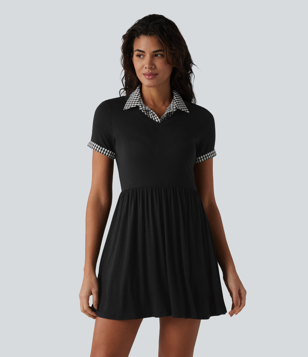 Ribbed Collar Short Sleeve Contrast Plaid A-line Mini Casual Dress — Black — view 6