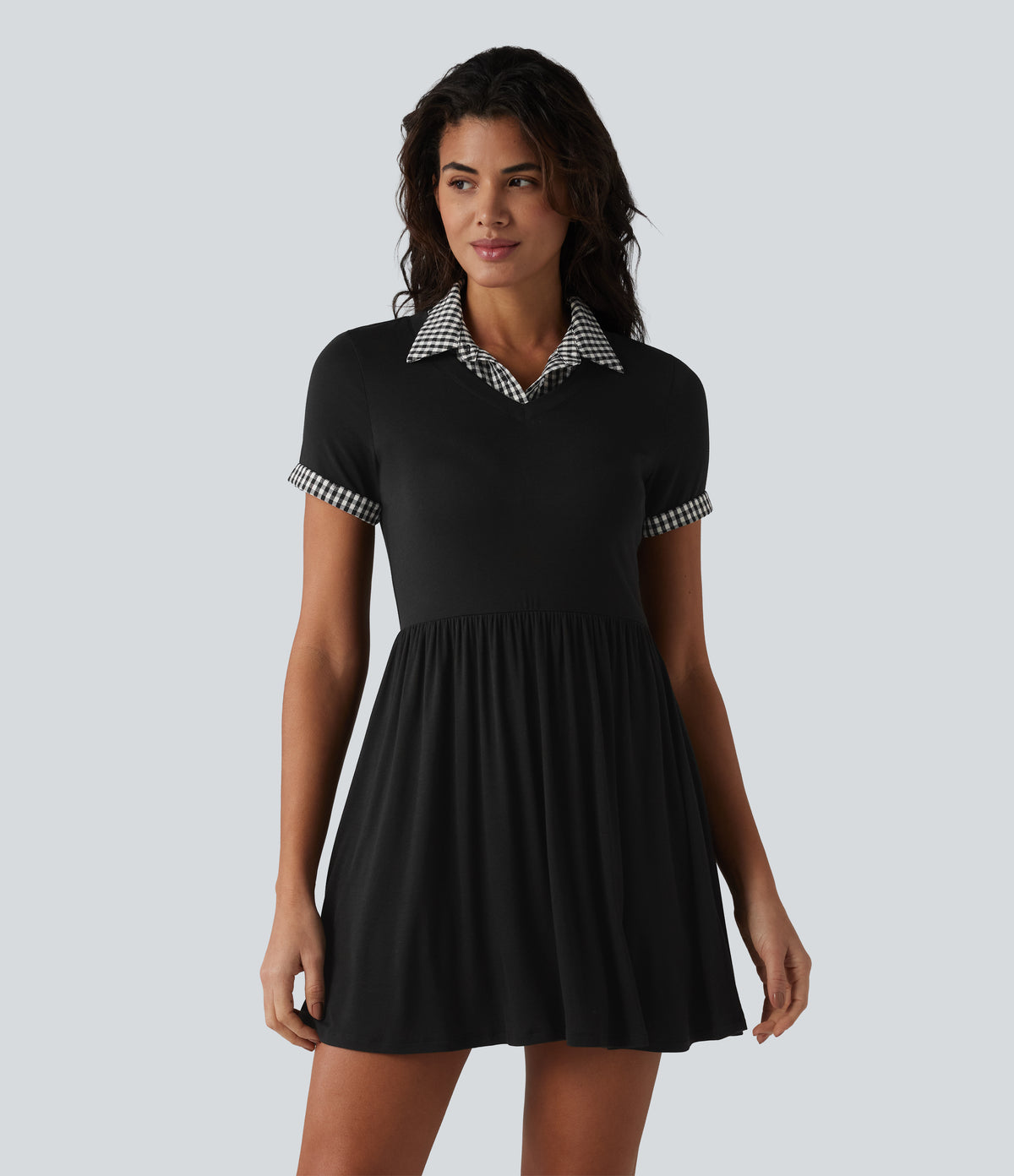 Ribbed Collar Short Sleeve Contrast Plaid A-line Mini Casual Dress — Black — view 6