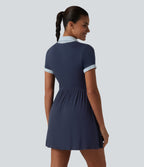 Ribbed Collar Short Sleeve Contrast Plaid A-line Mini Casual Dress — Nightfall Blue — view 2