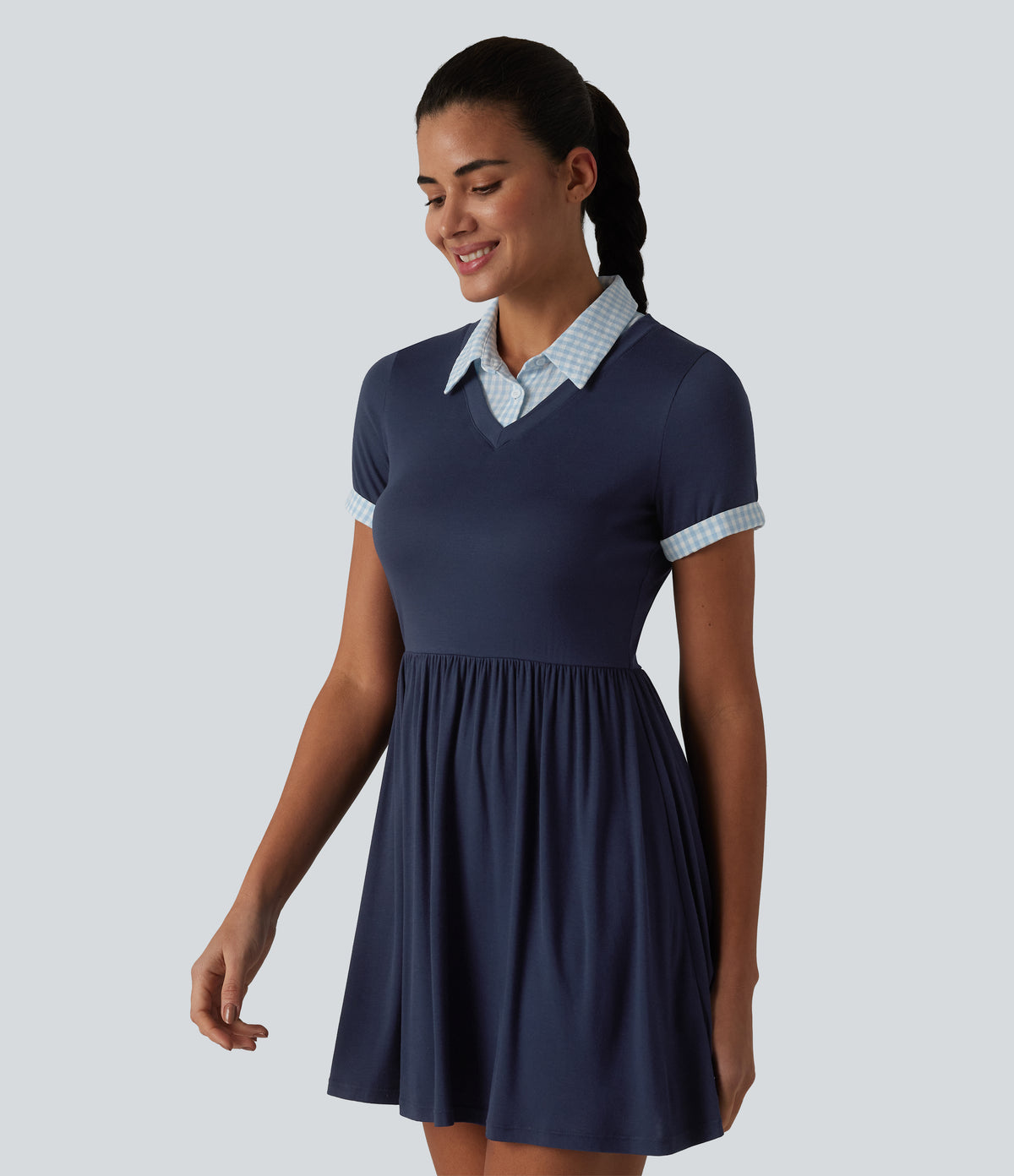 Ribbed Collar Short Sleeve Contrast Plaid A-line Mini Casual Dress — Nightfall Blue — view 4