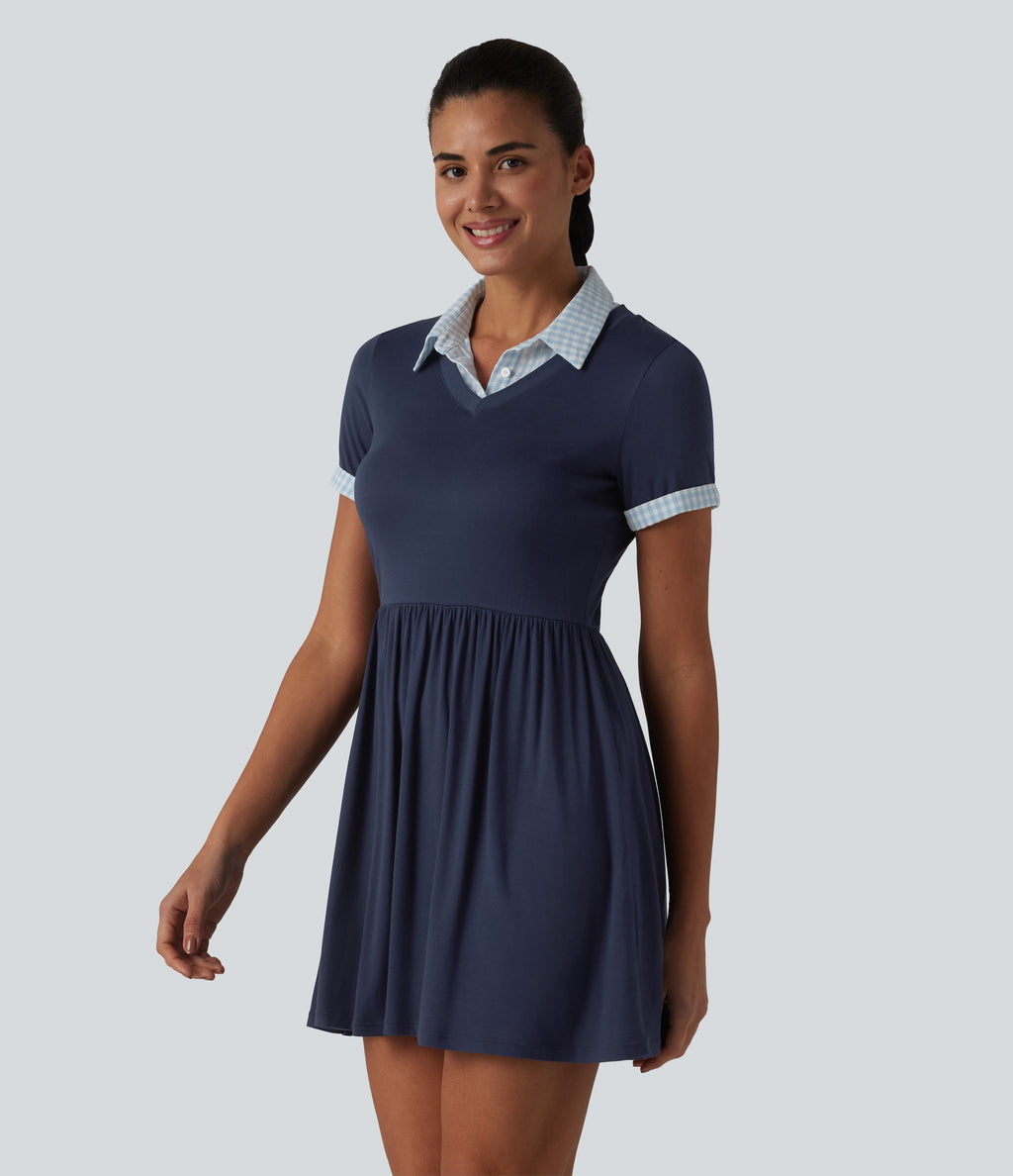 Ribbed Collar Short Sleeve Contrast Plaid A-line Mini Casual Dress — Nightfall Blue — view 3