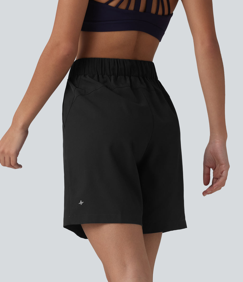 High Waisted Elastic Waistband Drawstring Pleated Yoga Shorts 7'' with Pockets — Black — view 2