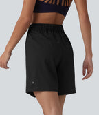 High Waisted Elastic Waistband Drawstring Pleated Yoga Shorts 7'' with Pockets — Black — view 2
