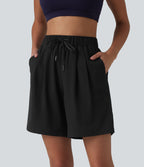 High Waisted Elastic Waistband Drawstring Pleated Yoga Shorts 7'' with Pockets — Black — view 3