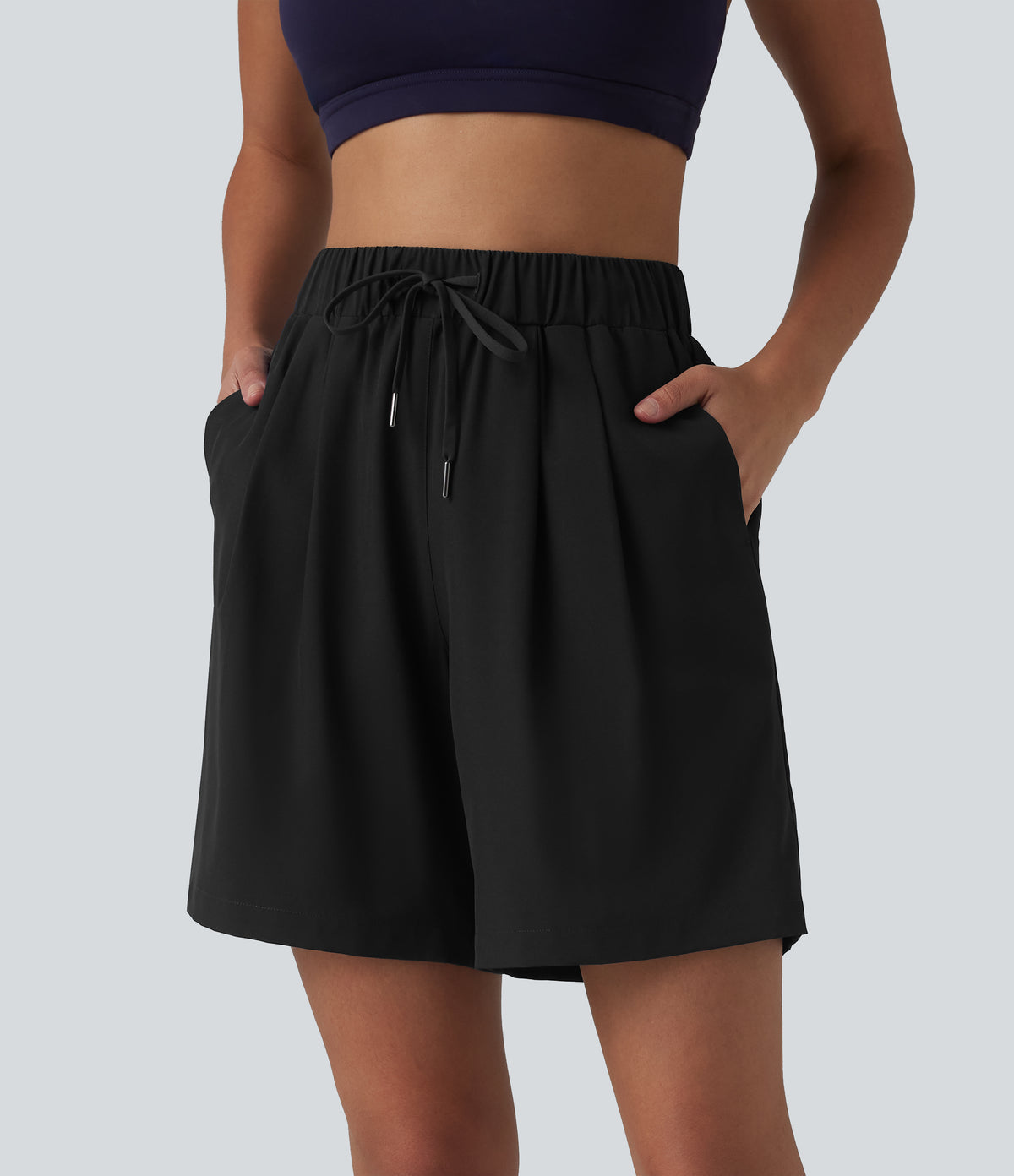 High Waisted Elastic Waistband Drawstring Pleated Yoga Shorts 7'' with Pockets — Black — view 3