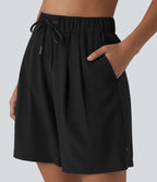 High Waisted Elastic Waistband Drawstring Pleated Yoga Shorts 7'' with Pockets — Black — view 4